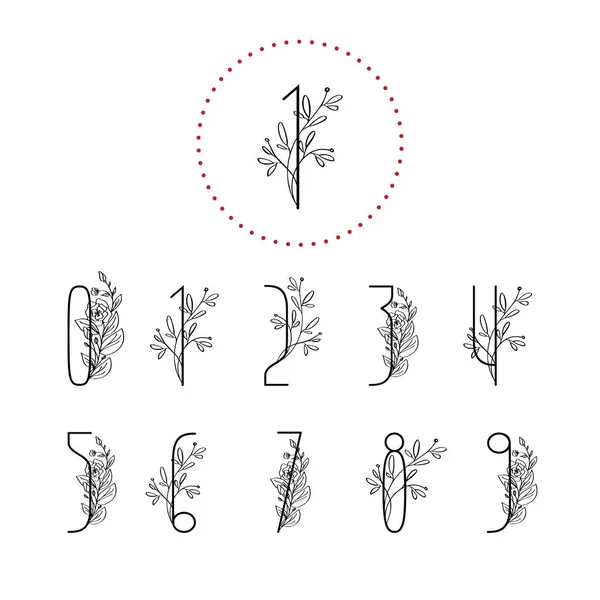 Illustration vectorielle des nombres floraux printaniers avec branche d'arbre. ensemble de beaux nombres pour les invitations de mariage et les cartes d'anniversaire — Image vectorielle