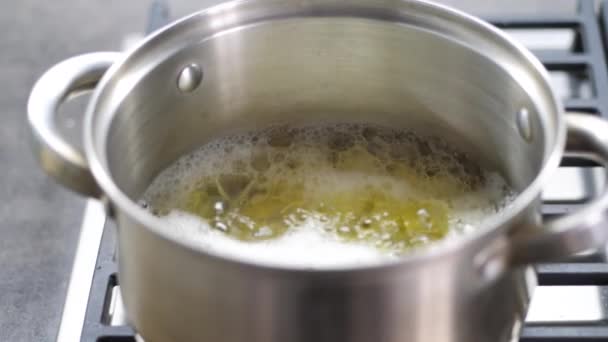 Processo de cozinhar batatas. Chef cozinha batatas no fogão na panela. Comida cozinhada saudável. Os legumes são cozidos em panelas no fogão a gás — Vídeo de Stock