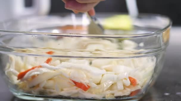 Salad kubis putih, wortel segar dan lada merah, di atas piring. Video 4k motion, 3840x2160 ProRes 4444 — Stok Video