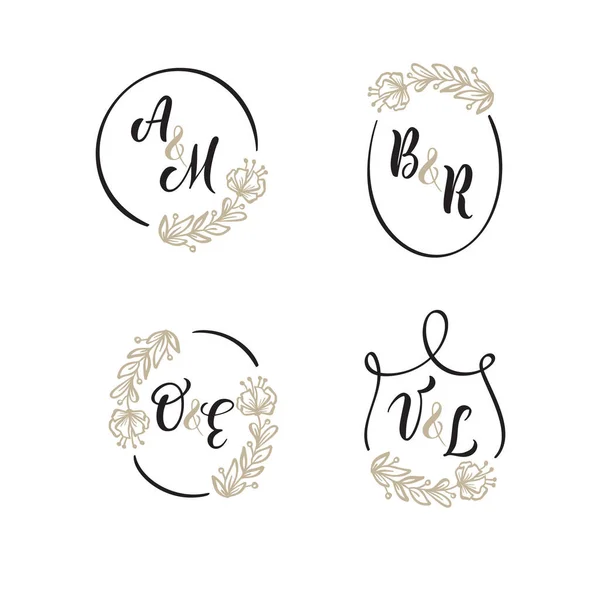 Uppsättning Vektor Bröllop Logotyp Golden Wreath Bakgrund Blommiga Ramar Lätt — Stock vektor