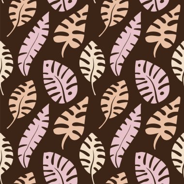 Yaz mevsiminde tropikal palmiye yaprakları. Kahverengi arka planda desen vektörü yok. Duvar kağıdı ve tekstil için sevimli elementler.