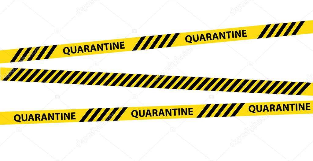 Yellow quarantine warning tape isolated on white background. Illustration vector graphic warning text of quarantine. Coronavirus, Covid-19 outbreak