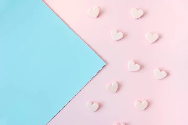 stock image Mockup Happy Valentines Day or Mothers Day concept. Pink hearts on a pink and blue background with place for your text. For greeting card, banner, poster or web.