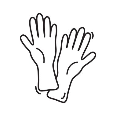 Vektör tıbbi koruyucu lastik eldiven ikonu. Tek elle çizilmiş lateks el koruması virüs işareti logosu. Ev işi temizlik ekipmanları sembolü.