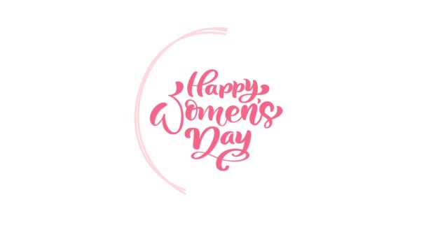 Happy Womens Day czerwony kaligrafia liternictwo tekst z kwiatów wieniec i okrągłą ramkę. Piękne filmy animowane ilustracja Full HD wideo — Wideo stockowe