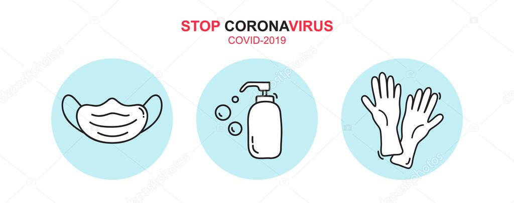 Stop coronavirus text icon. Vector monoline soap gel bottle sanitizer, medical mask and rubber gloves icons. Simple element illustration for covid-19. Personal hygiene.