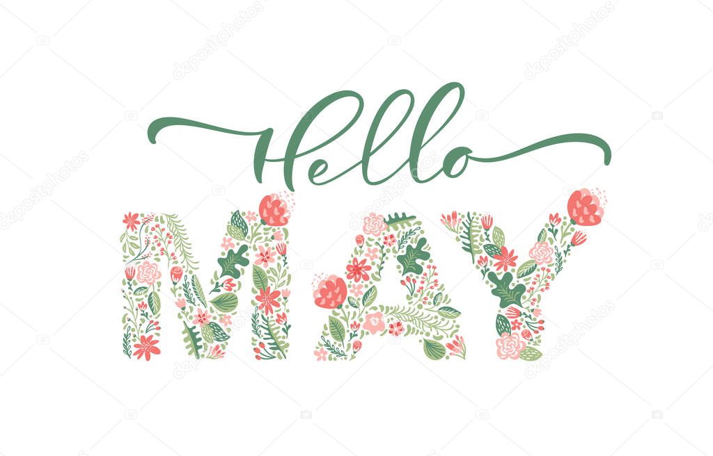 Hello May handwritten calligraphy lettering text. Spring month vector with flowers and leaves. Decoration floral. Illustration month may.