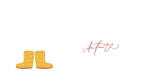 书法字体动画文字《秋天的感受》.背景贺卡插图与黄叶和橡胶靴。录像镜头 — 图库视频影像