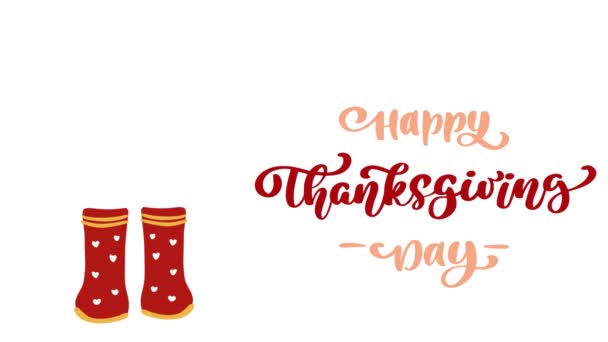 Calligraphie animée texte de lettrage Happy Thanksgiving Day et illustration de feuilles jaunes et orange et bottes en caoutchouc rouge. Concept d'Action de grâces d'automne — Video