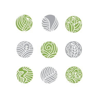 Tropik yeşil yaprak logosu seti. Yuvarlak biyo amblem doğrusal daire şeklinde. Doğal ürünler, çiçekçi dükkanı, kozmetik, ekoloji kavramları, sağlık, kaplıca, yoga için vektör soyut rozeti