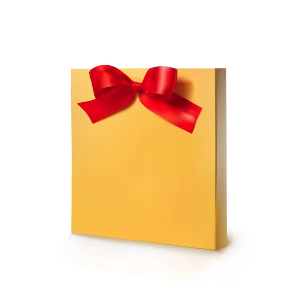 Mockupギフトボックステンプレート。あなたのデザインメッシュのための赤い弓とベクトル現実的な黄色のパッケージのモックアップ — ストックベクタ
