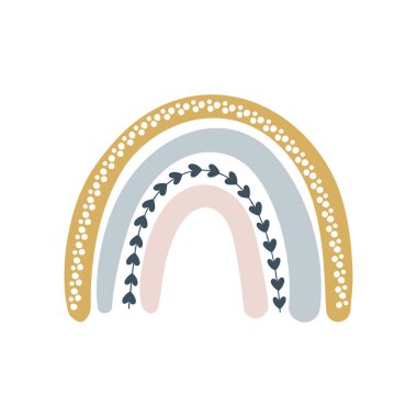 Çocuklar için beyaz arka planda izole edilmiş karikatür İskandinav tarzında vektör gökkuşağı kalbi. Posterler, baskılar, kartlar, kumaşlar, çocuk kitapları, iç tasarım için el çizimi tarzında sevimli illüstrasyon