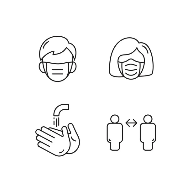 Čára ikona muž a žena tvář s maskou, umýt ruce a udržet si vzdálenost vektor. ilustrace pro lékařský banner, plakát a webdesign. Protection Coronavirus bacteria covid-19 concept — Stockový vektor