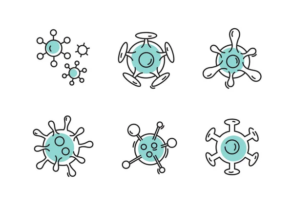 Nastavit nebezpečí bakterie koronavirus vektorové čáry ikony ilustrace izolované na bílém pozadí. Obrys, lineární piktogram izolovaný na bílém. Symbol, logo ilustrační kovid-19 koncept — Stockový vektor
