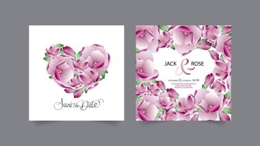 Düğün davetiyesi şablonunu, kalp şeklinde çiçek çerçeveli el yazısı metnini kaydet. Manolya çiçekleri tebrik kartı ile vektör illüstrasyonu