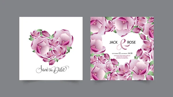 Guardar la fecha plantilla boda invitación caligrafía texto con flores marco en forma de corazón. Ilustración vectorial con tarjeta de felicitación magnolia flowers — Archivo Imágenes Vectoriales