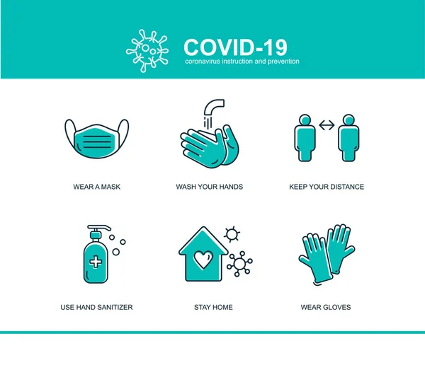 Coronavirus Covid Präventionstipps Symbol, wie man Vorlage zu verhindern. Infografisches Element Gesundheit und medizinische Wuhan Vektor Illustration Maske, Hände waschen, Abstand halten, zu Hause bleiben — Stockvektor