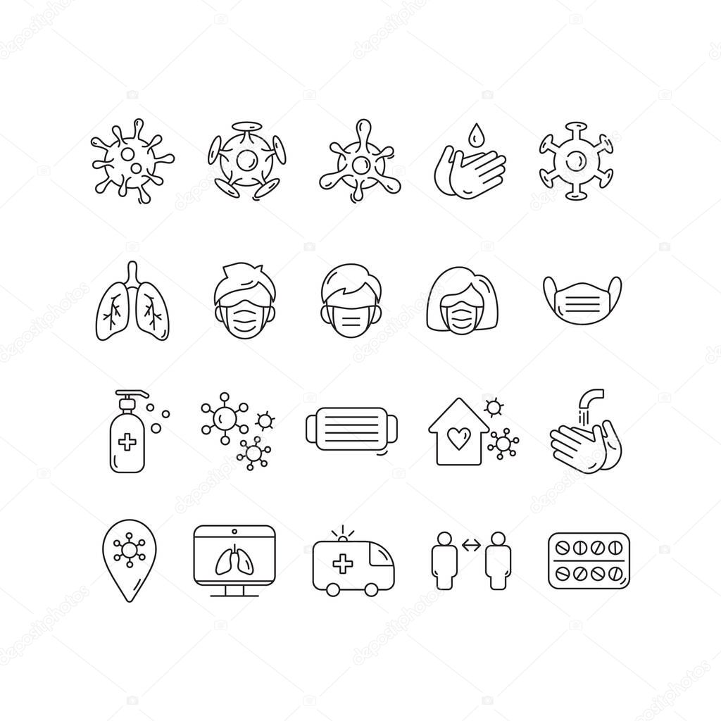 Set of symbols medical icon coronavirus specialization. Face mask, pills, liquid hand soap, medical gloves, medicine bottle design element. Medical pharmacy concept made in line style vector logo