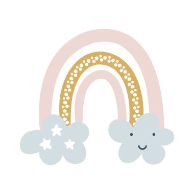 Çocuklar için beyaz arka planda izole edilmiş karikatür İskandinav tarzında vektör gökkuşağı. Posterler, baskılar, kartlar, kumaşlar, çocuk kitapları, iç tasarım için el çizimi tarzında sevimli illüstrasyon