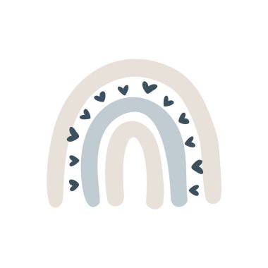 Çocuklar için beyaz arka planda izole edilmiş karikatür İskandinav tarzında vektör gökkuşağı. Posterler, baskılar, kartlar, kumaşlar, çocuk kitapları, iç tasarım için el çizimi tarzında sevimli illüstrasyon