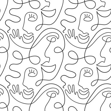 Bir çizgi, soyut ve pürüzsüz bir yüz çiziyor. Modern minimalizm sanatı, estetik yapı. Kadın ve erkek yüzlerinin olduğu sürekli bir çizgi. Vektör grup insan