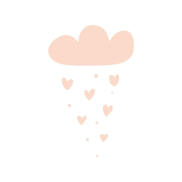 Nube vectorial con corazones llueve en estilo escandinavo de dibujos animados en color rosa para niños. Lindo dibujo a mano ilustración para carteles, impresiones, tarjetas, tela, libros para niños, diseño de interiores — Vector de stock