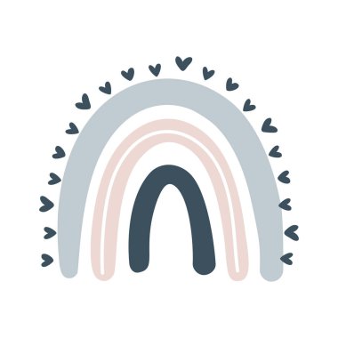 Çocuklar için beyaz arka planda izole edilmiş, kalbi İskandinav tarzında sevimli bir gökkuşağı vektörü. Posterler, baskılar, kartlar, kumaş, çocuk kitapları, iç tasarım için el çizimi karikatür çizimi