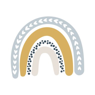 Çocuklar için beyaz arka planda izole edilmiş İskandinav tarzında şirin bir gökkuşağı vektörü. Posterler, baskılar, kartlar, kumaş, çocuk kitapları, iç tasarım için el çizimi karikatür çizimi