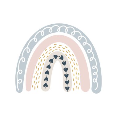 Çocuklar için beyaz arka planda izole edilmiş, kalbi İskandinav tarzında sevimli bir gökkuşağı vektörü. Posterler, baskılar, kartlar, kumaş, çocuk kitapları, iç tasarım için el çizimi karikatür çizimi