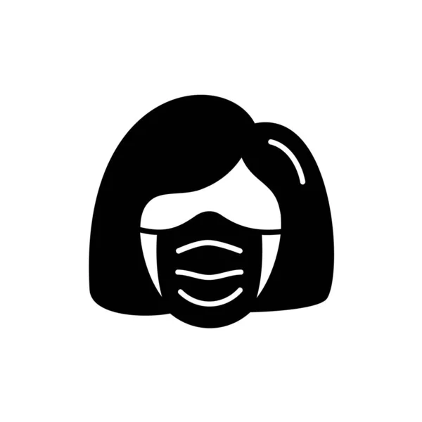 Frauengesicht mit Maskensymbol-Vektor im trendigen schwarzen flachen Stil isoliert auf weißem Hintergrund. Illustration für medizinisches Banner, Poster und Webdesign. Coronavirus Bakterien Covid-19-Konzept — Stockvektor