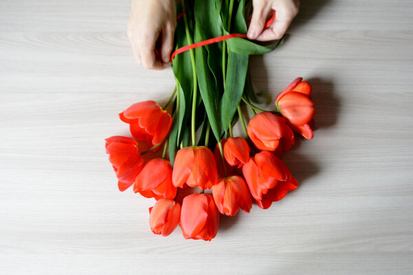 Female hands make a bouquet of red tulips on a wooden background. Spring flowers. Mother's day, Valentine's day, international women's day, March 8