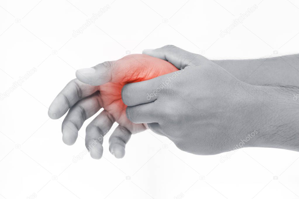 Man holding her hand, pain concept, isolate on white background