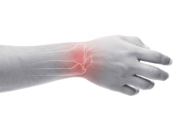 Adam beyaz bir arka plan üzerinde ağrılı bilek masaj. Ağrı kavramı