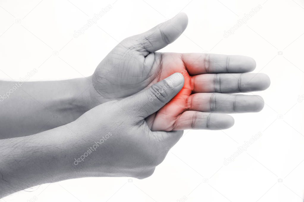 Man has pain in hand, isolate on white background