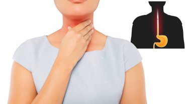 Woman suffering from acid reflux or heartburn clipart