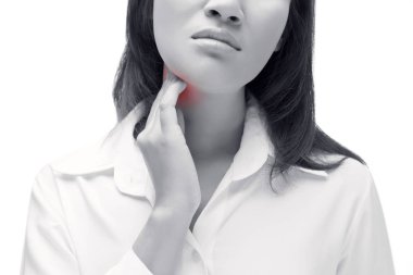 Sore throat of a women. Touching the neck clipart