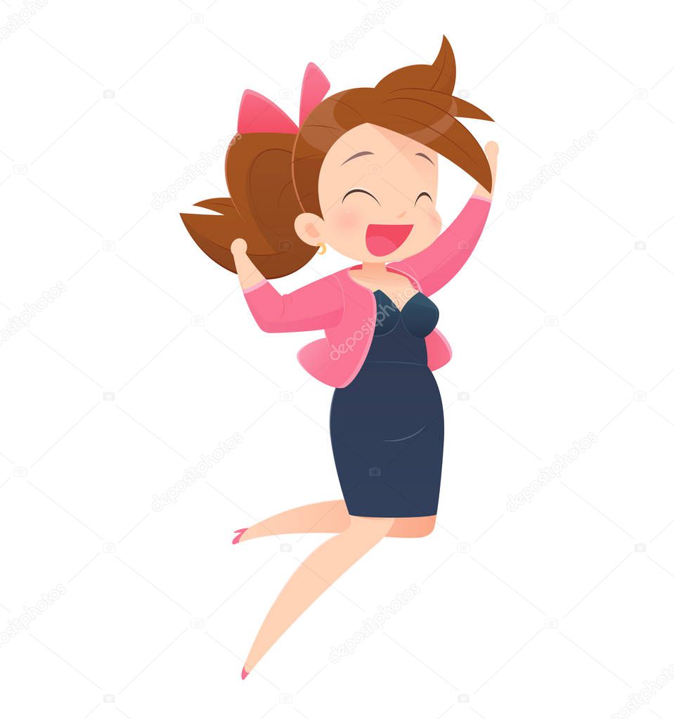 Successful young attractive laughing woman jumping up
