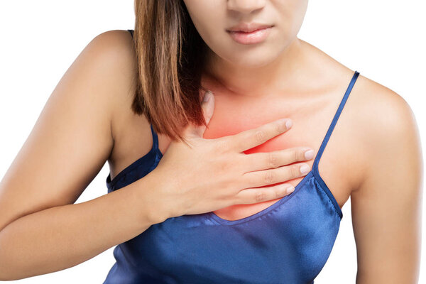 Woman with symptomatic acid reflux or heartburn