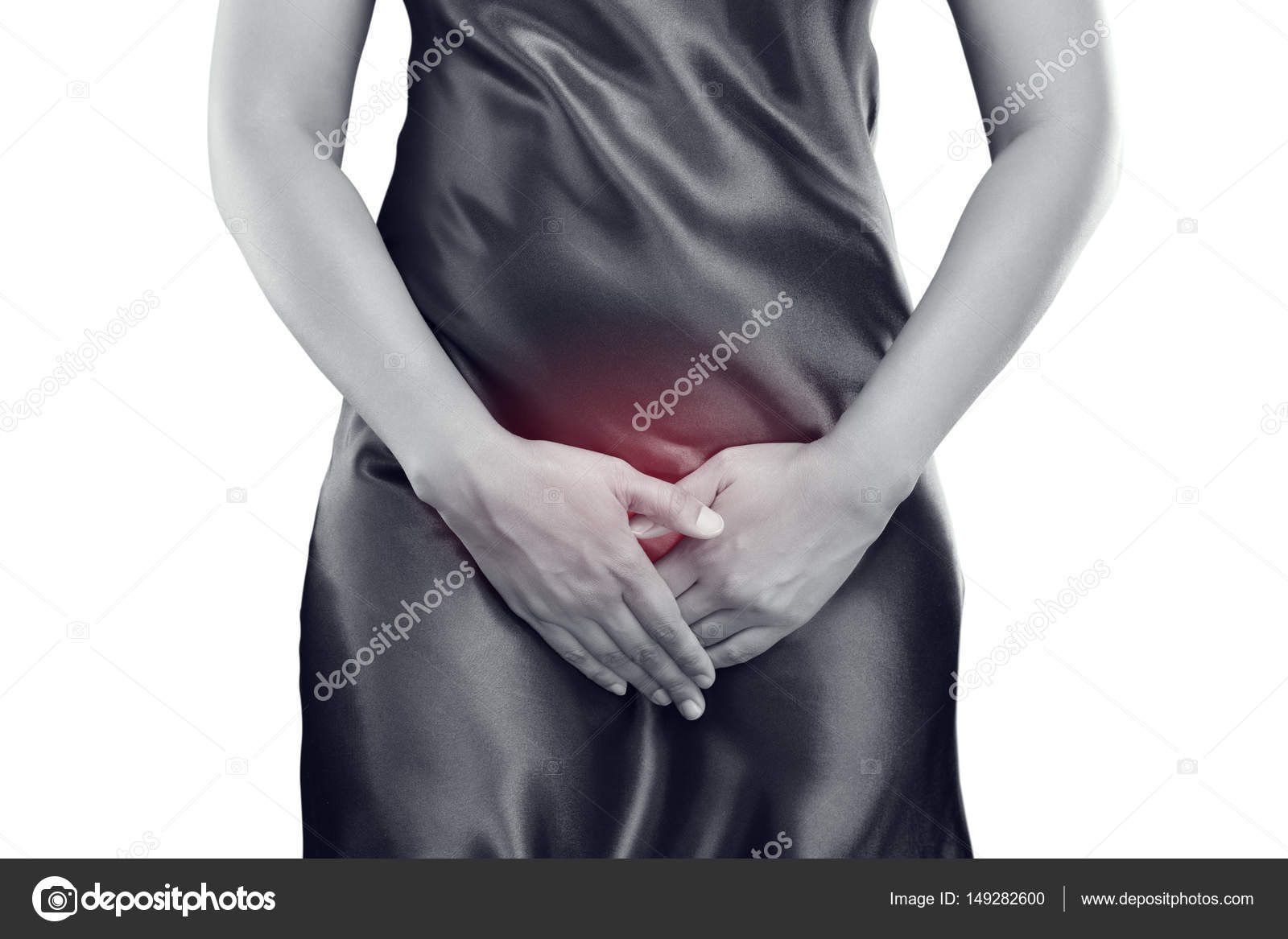股間　女性 彼女の股間の下腹部を押すと両手を持つ女性 — ストック写真 © Tharakorn #149282600