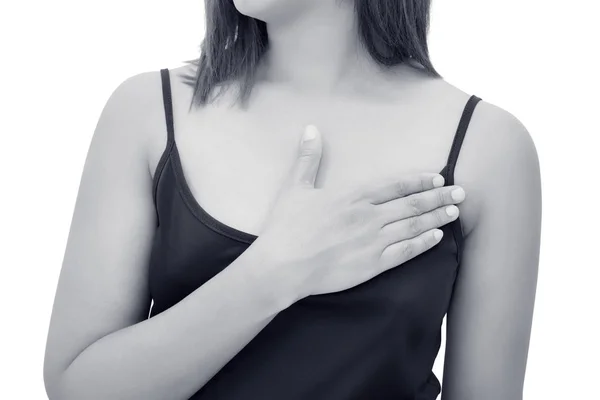 Beautiful woman is clutching her chest. Heart disease. Acute pai — Stock Photo, Image