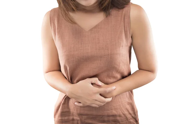 Woman stomachache on white background — Stock Photo, Image