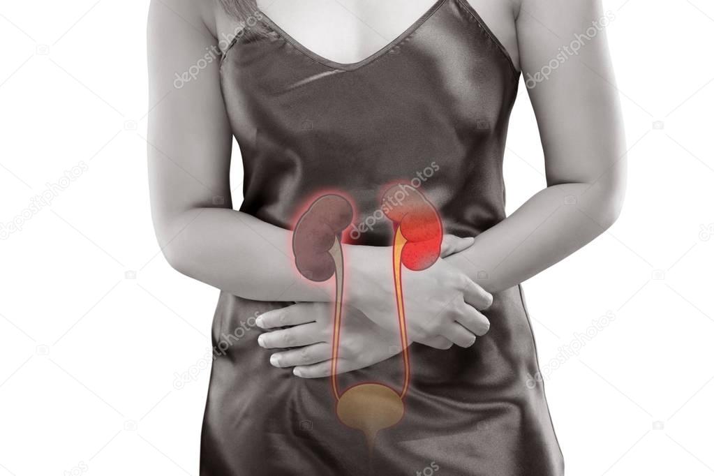 Woman Kidney disease. Renal failure isolated on white background