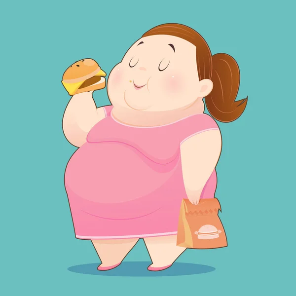 La mujer gorda es disfrutar de comer muchas comidas chatarra — Archivo Imágenes Vectoriales