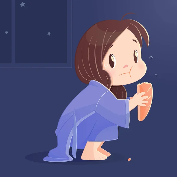 Cartoon girl eating bread at night. Vector Illustration — Stock Vector