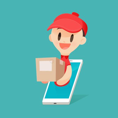 Çizgi film teslimatçı bir mal bir müşteriye Smartphon getiriyor