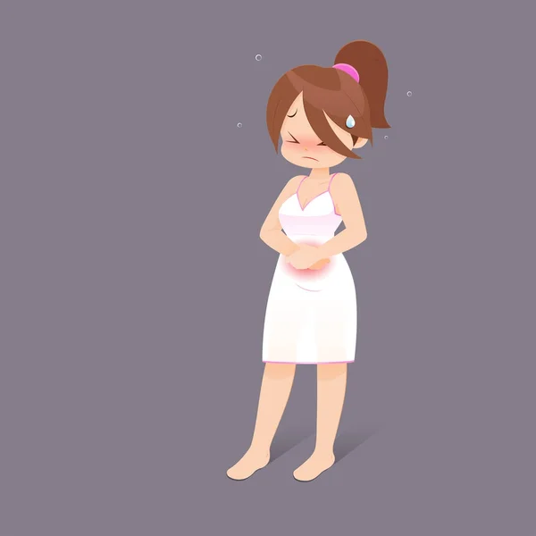 Cartoon woman suffering from abdominal pain at home. — Stock Illustration Cartoon woman suffering from abdominal pain at home. Stock Vector