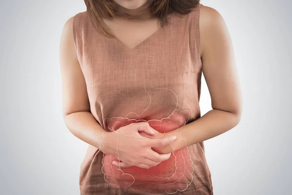 The Photo Of Large Intestine Is On The Woman's Body. — Stock Photo, Image