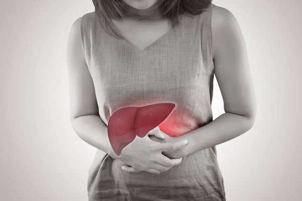 The Photo Of Liver On Woman's Body Against Gray Background. — Stock Photo, Image