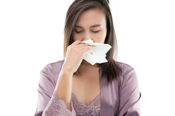 Asian Women In Satin Nightwear Feeling Unwell And Sneeze — Stock Photo, Image