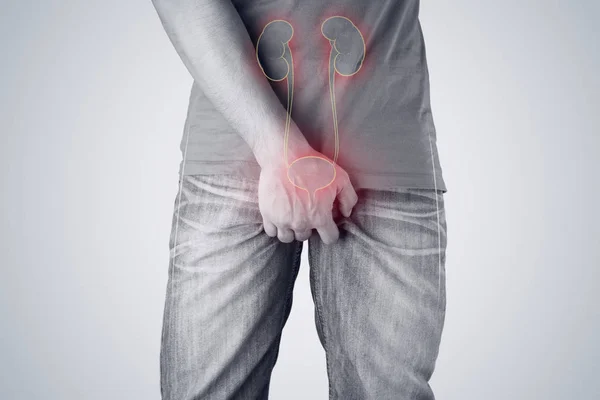 Asian men with hands holding her bladder illustration. — Stock Image Asian men with hands holding her bladder illustration. Stock Photo